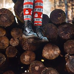 Low section of woman standing on woodpile