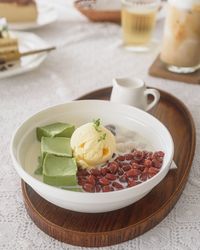 High angle view of breakfast served on table