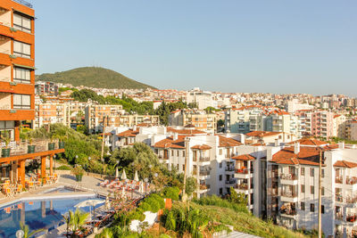 High angle view of buildings in city