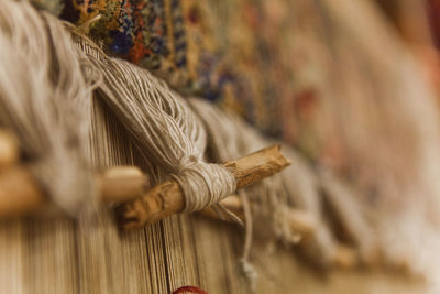 Close-up of handloom in factory