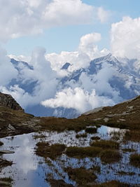 Scenic view of lake and mountains against sky