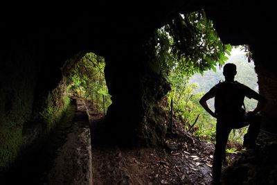 Rear view of man standing in cave