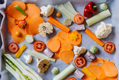 High angle view of chopped vegetables on table