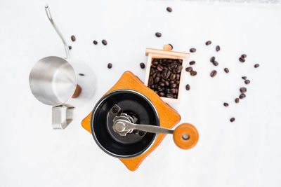 High angle view of coffee cup on table