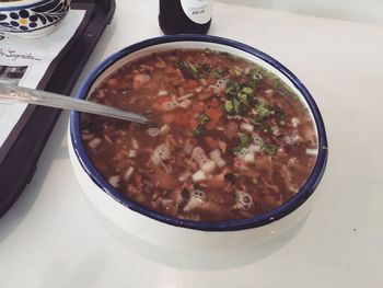 High angle view of soup in bowl