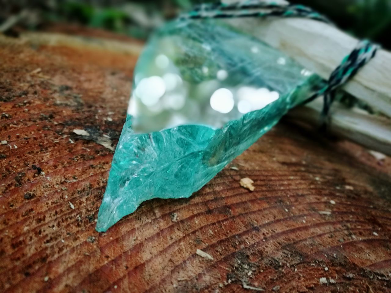 close-up, no people, focus on foreground, still life, nature, day, table, green color, wood - material, plant part, outdoors, leaf, selective focus, blue, water, jewelry, plastic, high angle view, transparent