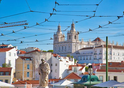 Power cables over buildings in city