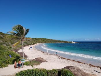 Scenic view of beach against clear blue sky