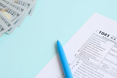 High angle view of pen on table