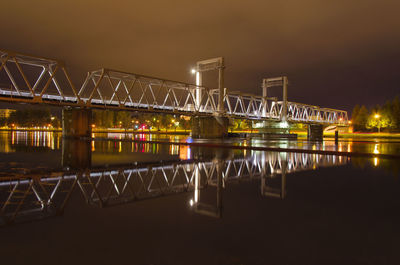 Illuminated bridge over river in city at night