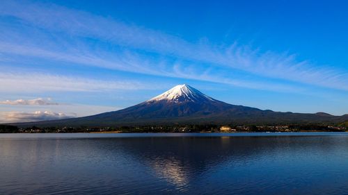 Scenic view of lake and mountain against cloudy sky