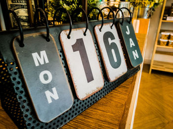 Close-up of calendar on table