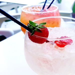 Close-up of drink served on table