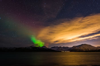 Scenic view of lake against star field at dusk