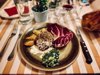 High angle view of breakfast served on table