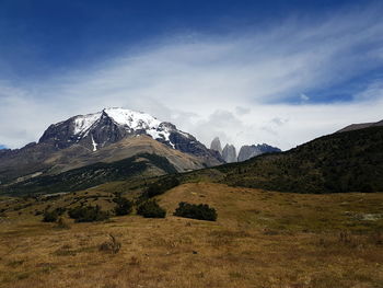 Scenic view of snowcapped mountains against sky in torres del paine park in the chilean patagonia