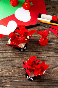 High angle view of red flower on table