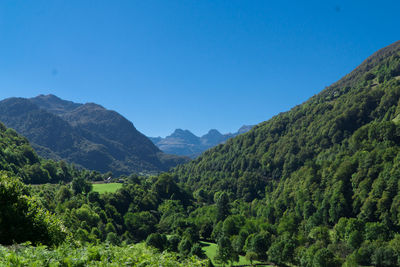 Scenic view of mountains against clear blue sky