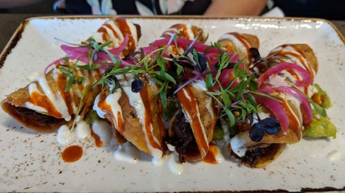 Close-up of food served on table