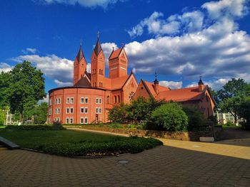 Brick catholic church in the center of minsk kostel of st. simeon and st. helena