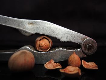 Close-up of nuts and nutcracker against black background