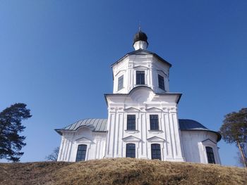 Low angle view of building against clear blue sky