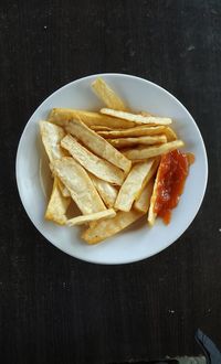 High angle view of food served in plate on table