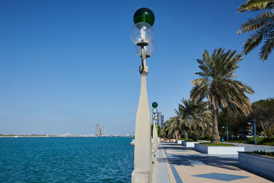 Street by palm trees against clear blue sky