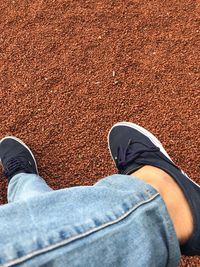 Low section of man standing on field