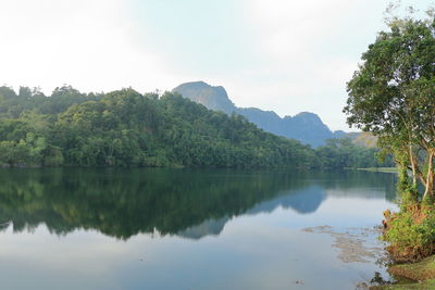 Scenic view of lake by trees against sky