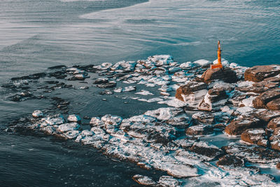 High angle view of rocks by sea