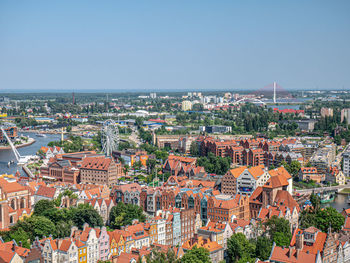 High angle shot of townscape against clear sky