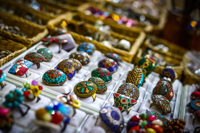 High angle view of various displayed on table