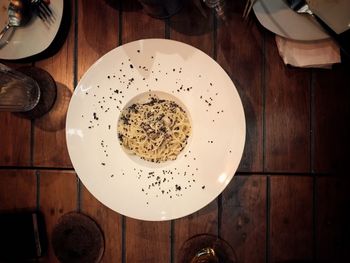 High angle view of food in plate on table