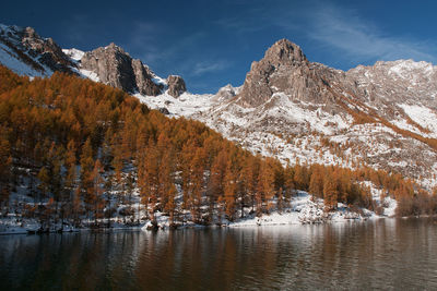 Scenic view of lake and snowcapped mountains against sky