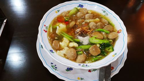 High angle view of food in plate on table