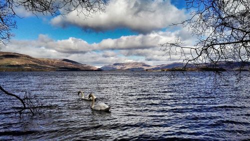 Scenic view of lake against cloudy sky