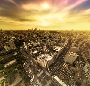 High angle view of cityscape against sky during sunset