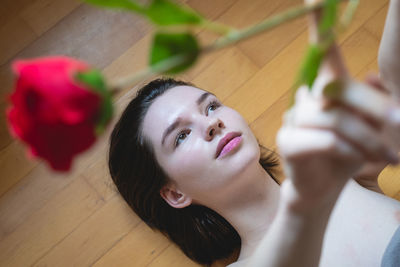 High angle view portrait of woman at home