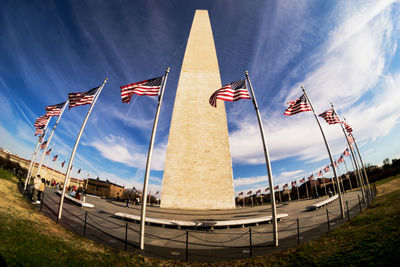 Low angle view of flags against sky