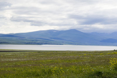 Landscape of valley and reservoir in georgia, daytime and outdoor