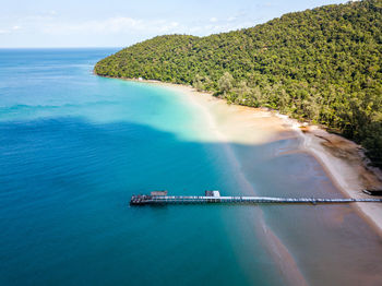 High angle view of sea and land against sky