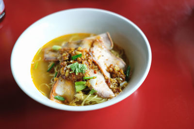 High angle view of soup in bowl