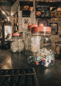 Close-up of glass jar on table at restaurant