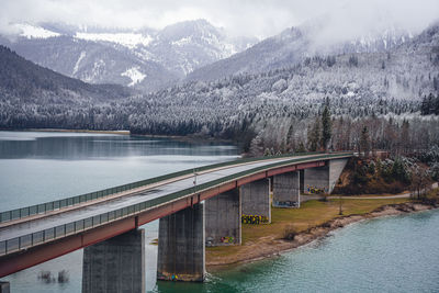 Bridge over river against mountain