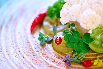 Close-up of dessert served on table