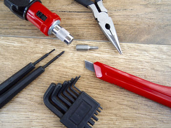 High angle view of tools on table