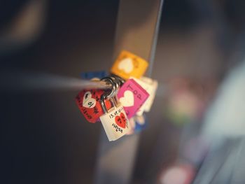 Close-up of padlocks on heart shape