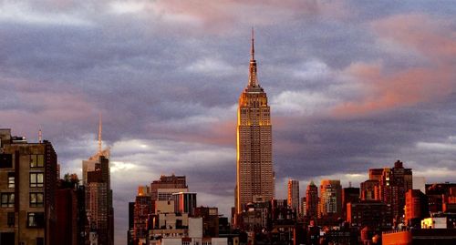 City skyline against cloudy sky