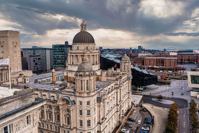 Aerial close up of the tower of the royal liver building in liverpool